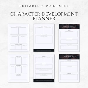 May include: Printable character development planner with sections for character basics, personality traits, skills and abilities, and character arc.