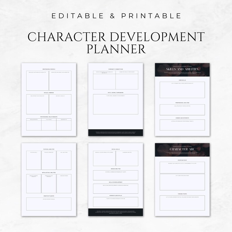 May include: Printable character development planner with sections for character basics, personality traits, skills and abilities, and character arc.