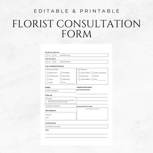 Op de afbeelding: Een zwart-wit printbaar formulier voor een bloemistconsult met secties voor receptie-arrangementen, kleur- en stijlvoorkeuren, budget, follow-up, aanvullende informatie, handtekening van de klant en voor intern gebruik.