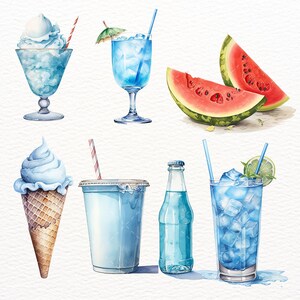 May include: A watercolour illustration of various summer drinks and treats.  There are two ice cream cones, a milkshake, a glass of blue lemonade, a bottle of blue soda, a glass of iced tea, and two slices of watermelon.