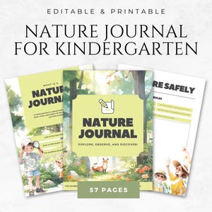 Può includere: Un diario della natura colorato per l'asilo con una copertina verde, gialla e bianca. La copertina presenta una matita, una volpe e il testo "Diario della natura: Esplora, osserva e scopri!" Il diario ha 57 pagine.