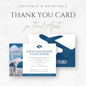 May include: A printable thank you card for travel agents. The card has a blue and white design with the text "Thank You So Much For Trusting Us To Plan Your Getaway." The card also includes an image of an airplane.
