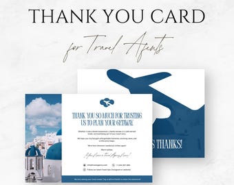 May include: Editable and printable thank you card for travel agents. The card features a blue and white design with the text "Thank You So Much For Trusting Us To Plan Your Getaway." The card also includes an image of an airplane.