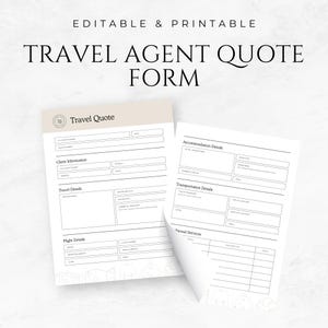 May include: Editable and printable travel agent quote form with sections for client information, travel details, flight details, accommodation details, transportation details, and additional services.