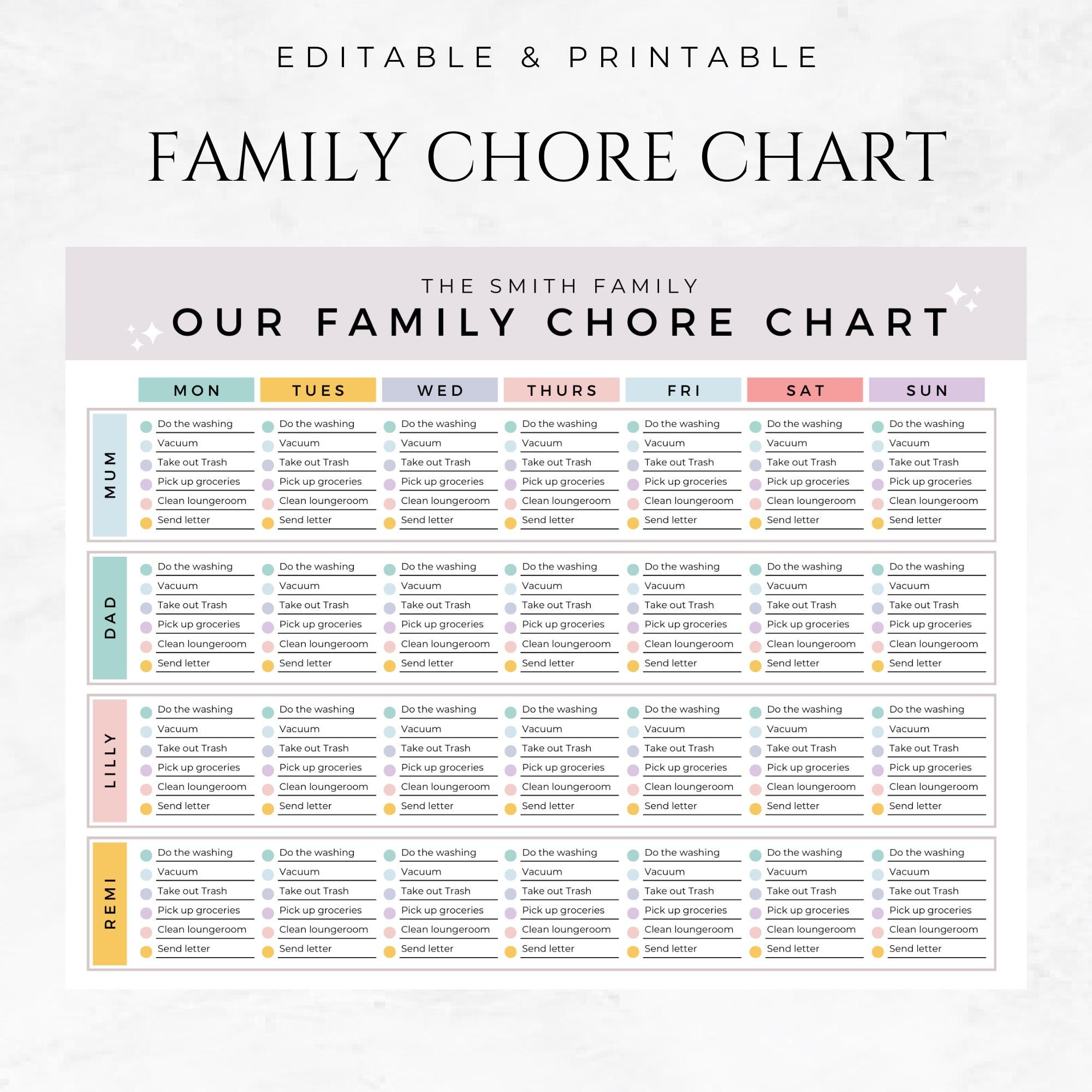 Family Chore Chart Template Kids Chore Chart Tracker Chore List ...