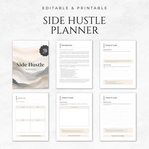 May include: A printable side hustle planner with a beige and brown watercolor background. The planner includes sections for vision and goals, introduction, and short-term goals.