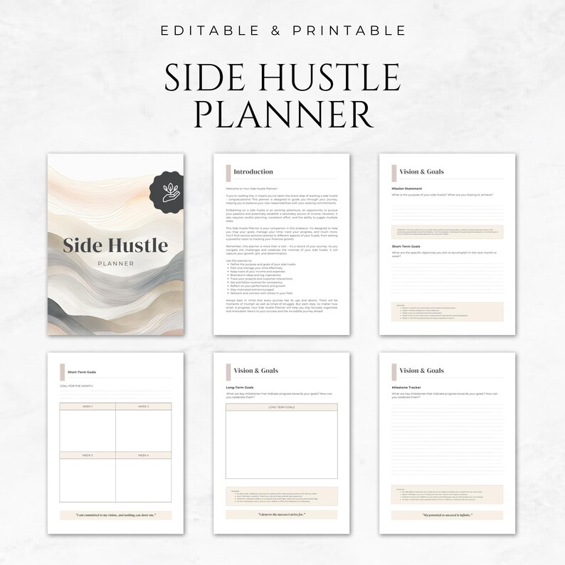 May include: A printable side hustle planner with a beige and brown watercolor background. The planner includes sections for vision and goals, introduction, and short-term goals.
