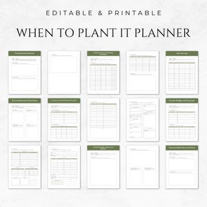 May include: Printable garden planner with 10 pages, including sections for crop rotation, pest and disease monitoring, compost and tool tracking, harvest log, garden budget and expenses, garden design and layout, and seasonal reflections and notes.