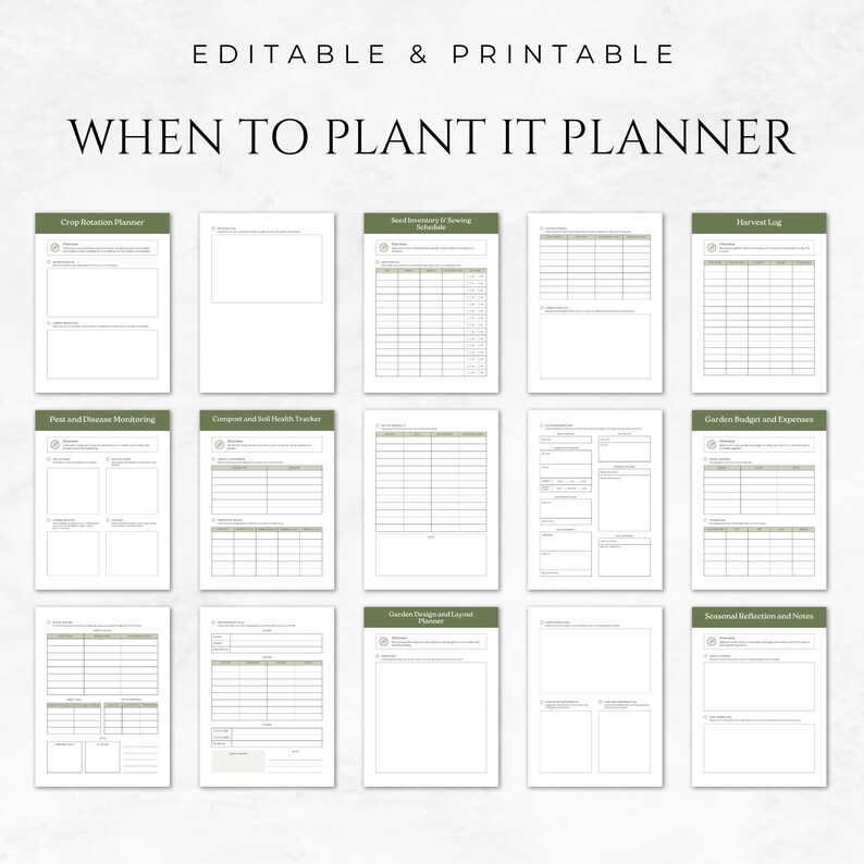 May include: Printable garden planner with 10 pages, including sections for crop rotation, pest and disease monitoring, compost and tool tracking, harvest log, garden budget and expenses, garden design and layout, and seasonal reflections and notes.