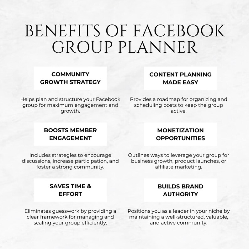 Op de afbeelding: Een grafiek met een witte achtergrond en zwarte tekst die de voordelen beschrijft van het gebruik van een Facebook-groepsplanner. De voordelen zijn onder meer een community-groeistrategie, het stimuleren van de betrokkenheid van leden, tijd en moeite besparen, contentplanning vereenvoudigen, monetiseringsmogelijkheden en het opbouwen van merkgezag.