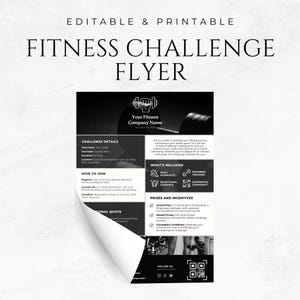 Könnte beinhalten: Ein schwarz-weißes Fitness-Challenge-Flyer mit einer Hantelgrafik. Der Flyer enthält Details zur Challenge, einschließlich Startdatum, Enddatum, Dauer und Ort. Er enthält auch Informationen darüber, was in der Challenge enthalten ist, wie z. B. tägliche Workouts, Ernährungsberatung und eine unterstützende Community. Der Flyer enthält auch Informationen über Preise und Anreize, wie z. B. einen Hauptpreis von einer 3-monatigen Fitnessstudio-Mitgliedschaft, wöchentliche Preise und ein Abschlusszertifikat.