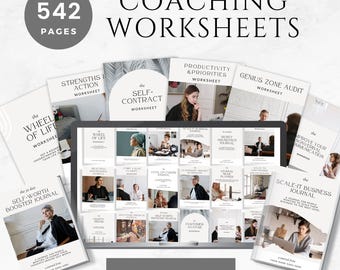 May include: A collection of 21 coaching worksheets and journals, including "The Wheel of Life", "Strengths in Action", "The Self-Contract", "Productivity & Priorities", "Genius Zone Audit", "Money Dance Journal", "Prove Your Nonverbal Communication", "The 30-Day Self-Worth Booster Journal", and "The Scale-It Business Journal". The worksheets are displayed on a laptop screen and are surrounded by physical copies of the journals. The text "542 Pages" and "21 Worksheets" is also visible.