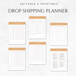May include: A printable drop shipping planner with sections for supplier contact list, customer service log, inventory management, financial dashboard, marketing campaign tracker, and SWOT analysis.