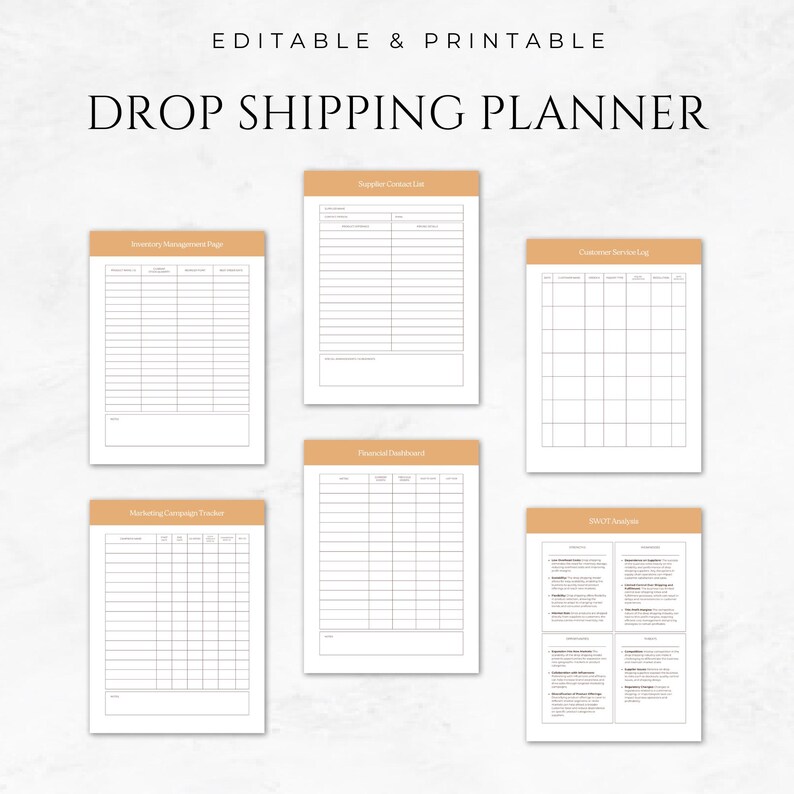 May include: A printable drop shipping planner with sections for supplier contact list, customer service log, inventory management, financial dashboard, marketing campaign tracker, and SWOT analysis.
