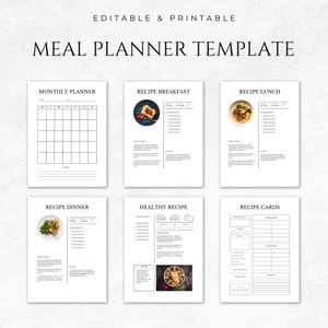 May include: Printable meal planner template with sections for monthly planning, recipe cards, and recipes for breakfast, lunch, and dinner. The template includes space for ingredients, directions, and notes.
