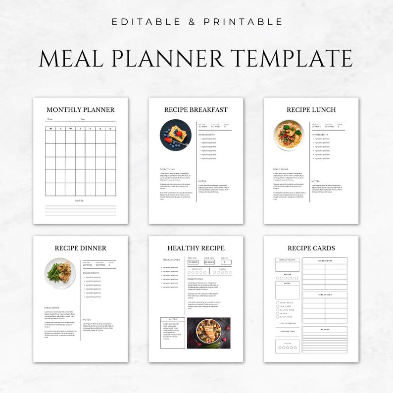 May include: Printable meal planner template with sections for monthly planning, recipe cards, and recipes for breakfast, lunch, and dinner. The template includes space for ingredients, directions, and notes.