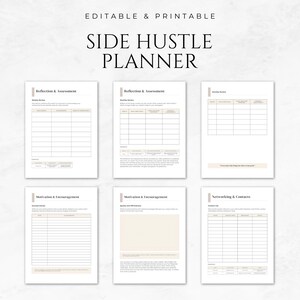 May include: Printable side hustle planner with sections for reflection and assessment, motivation and encouragement, and networking and contacts.