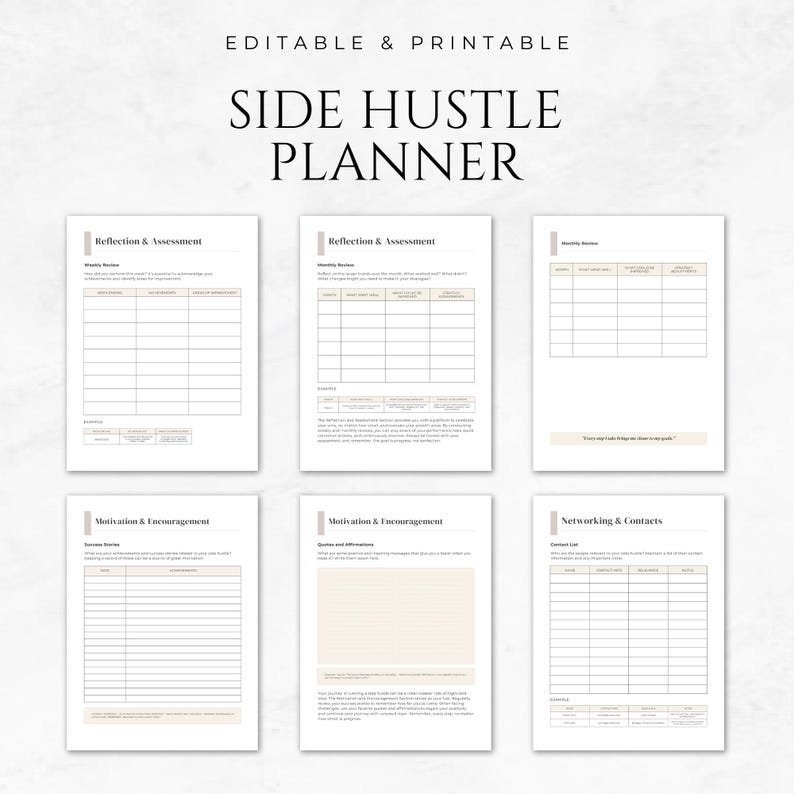 May include: Printable side hustle planner with sections for reflection and assessment, motivation and encouragement, and networking and contacts.