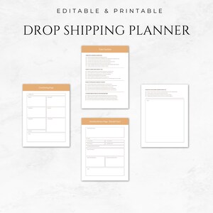 May include: Printable drop shipping planner with sections for task checklist, data sourcing pages, marketing and advertising, and multiple service pages. The planner has a light brown background with black text.