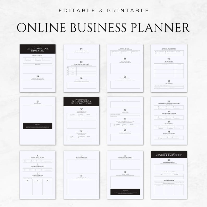 May include: A black and white printable online business planner with sections for legal and compliance, infrastructure and technology, marketing and sales, operations and partnerships.