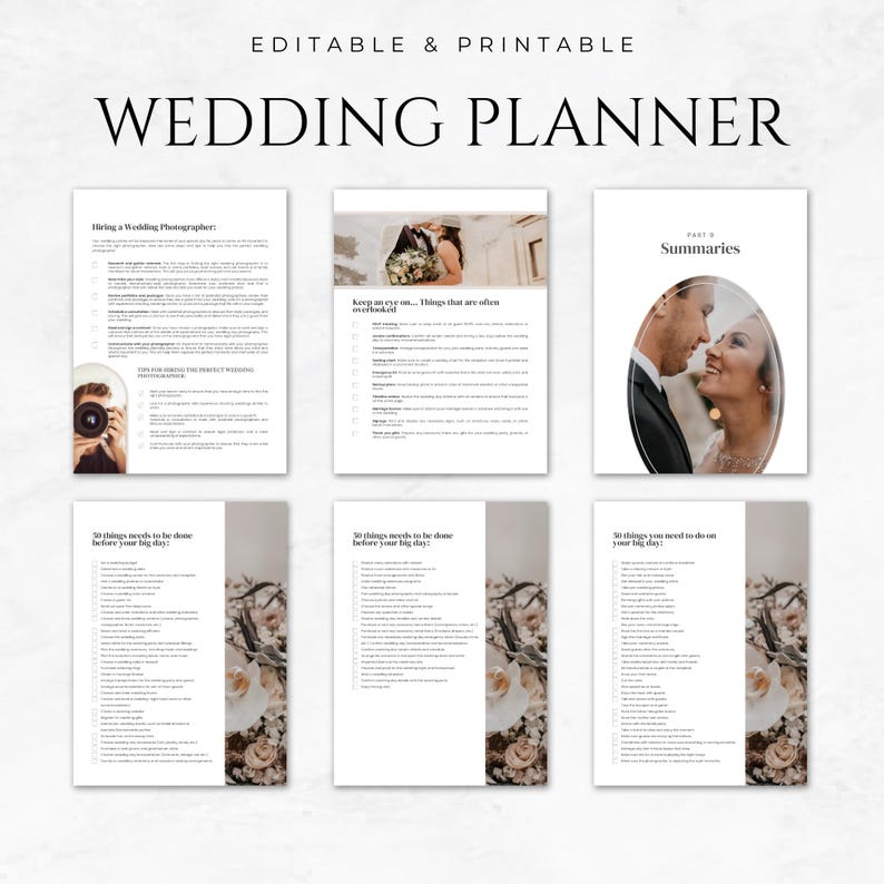 Puede incluir: Un planificador de bodas imprimible con listas de verificaci&oacute;n para contratar a un fot&oacute;grafo, para estar atento a las cosas que a menudo se pasan por alto y 50 cosas que hacer antes del gran d&iacute;a.