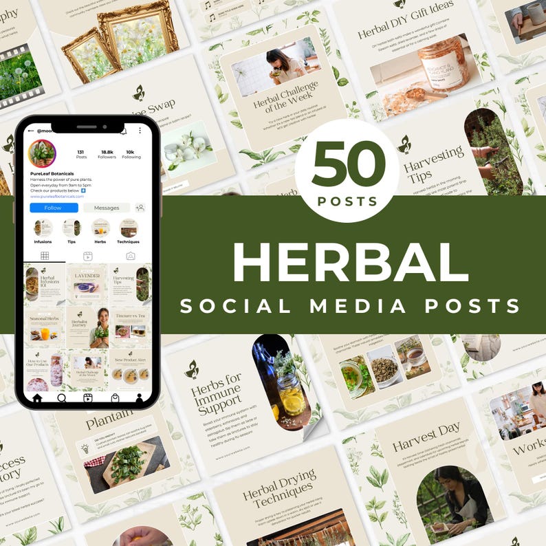 50 Herbal Social Media Posts Canva Templates Instagram Marketing ...