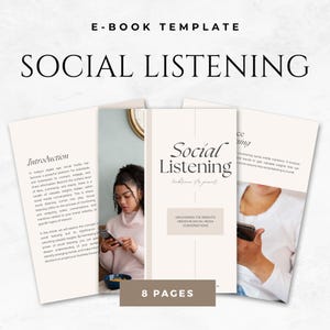 Puede incluir: Una plantilla de libro electrónico titulada "Social Listening" con una portada beige y el texto "Social Listening, Embrace the power". La portada también incluye el texto "Unleashing the insights hidden in social media conversations". La imagen muestra 8 páginas.