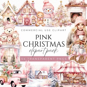 May include: Pink Christmas clip art pack with 54 transparent PNGs. The pack includes a gingerbread house, a snowman, a Christmas tree, a woman with a gift basket, a pink truck with flowers, a pink and white striped candy shop, and a family of bears.