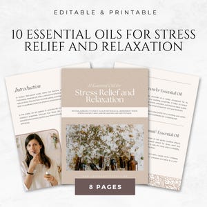 Op de afbeelding: Een printbare gids met de titel "10 Essentiële Oliën voor Stressverlichting en Ontspanning". De gids heeft een natuurlijke achtergrond met essentiële oliën en bloemen. De tekst "NATUURLIJKE REMEDIES OM EEN RUSTIGE EN VREDELIJKE OMGEVING TE CREËREN WAAR STRESS KAN SMELTEN EN ONTSPANNING ZIJN PLAATS KAN INNEMEN" is ook inbegrepen.