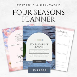 Peut inclure: Un planificateur imprimable avec un fond en bois et le texte "Four Seasons Planner: Plan, Reflect, and Thrive Through Every Season". Le planificateur est conçu pour vous aider à embrasser la beauté unique et les opportunités de chaque saison. Il comporte 73 pages.