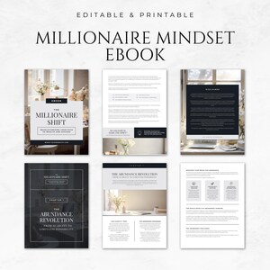 May include: A digital ebook cover with the title "The Millionaire Shift: Revolutionizing Your Path to Wealth and Success". The cover features a white background with a black and white image of a table setting with flowers and a laptop.