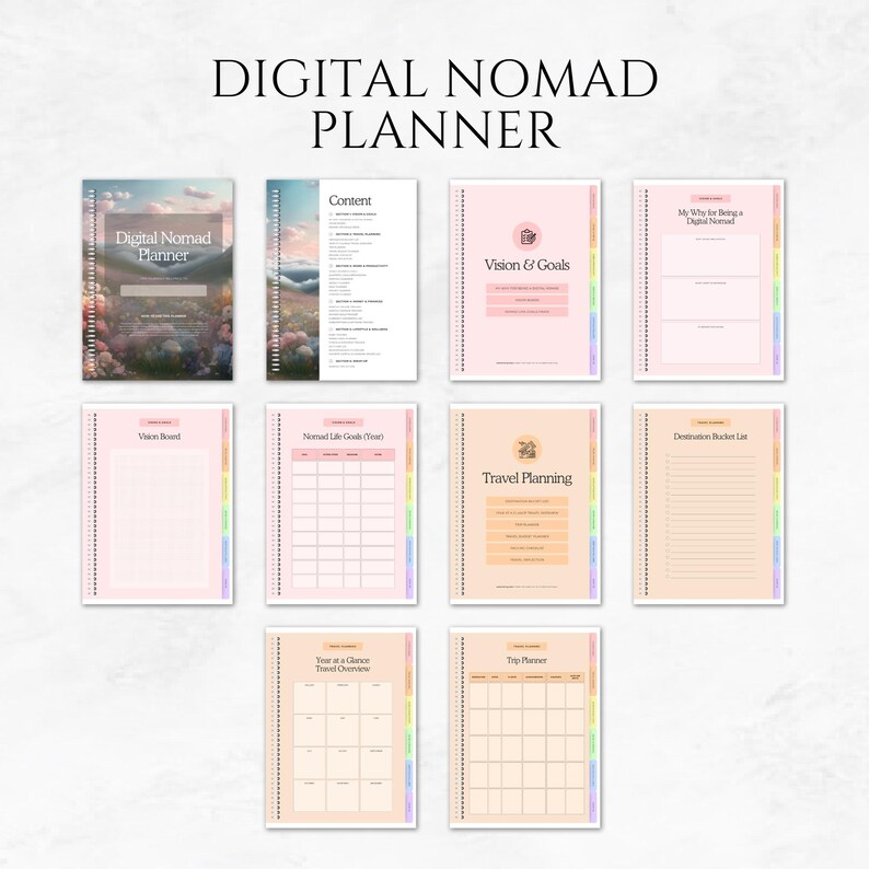 Puede incluir: Un planificador de n&oacute;mada digital con encuadernaci&oacute;n en espiral, con p&aacute;ginas para la visi&oacute;n y los objetivos, la planificaci&oacute;n de viajes y una lista de deseos. La portada muestra un paisaje. El planificador incluye pesta&ntilde;as de colores.