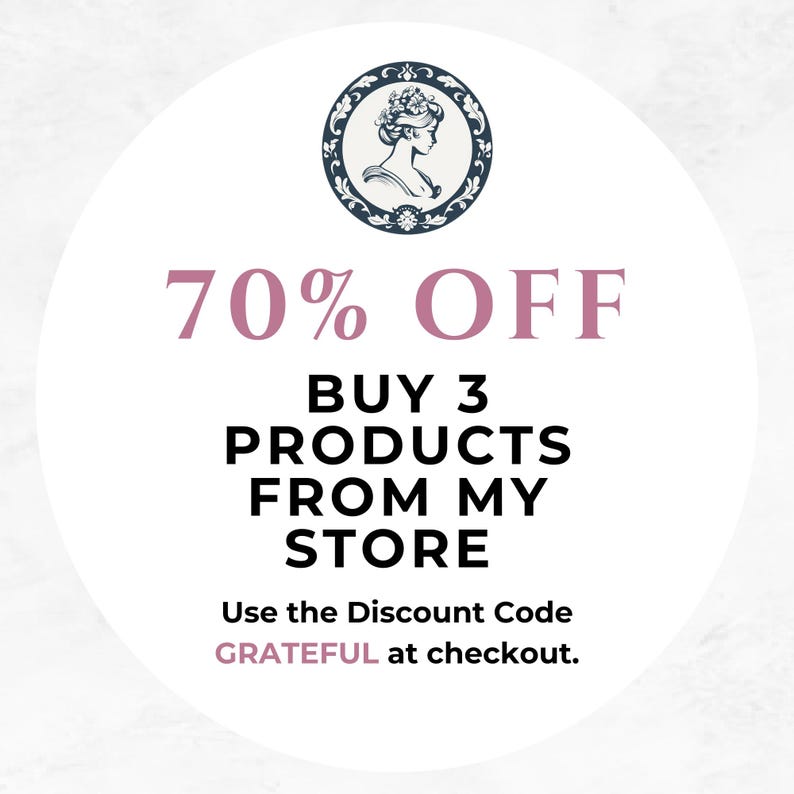 Puede incluir: Gr&aacute;fico circular con una ilustraci&oacute;n vintage del perfil de una mujer en un marco azul oscuro. El texto dice "70% OFF" en malva, seguido de "BUY 3 PRODUCTS FROM MY STORE". Tambi&eacute;n se muestra el c&oacute;digo de descuento "GRATEFUL".