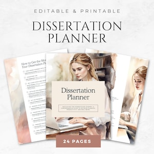 May include: A printable dissertation planner with a watercolor illustration of a person working on a laptop. The planner is titled "Dissertation Planner" and includes the text "Navigating the dissertation journey. A comprehensive guide to optimize planning, productivity, and well-being." The planner has 24 pages.