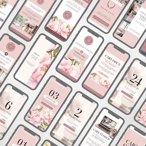 Peut inclure: Une s&eacute;rie d'&eacute;crans de t&eacute;l&eacute;phones mobiles roses et blancs avec du texte et des images. Le texte comprend "F&eacute;licitations !" "Panier ouvert" "24 heures pour aller" "Panier ferm&eacute;" et "03 heure pour aller". Les images comprennent un motif floral et un ordinateur portable.