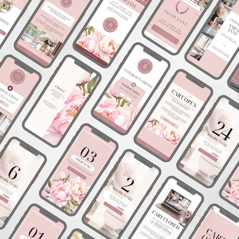 Peut inclure: Une s&eacute;rie d'&eacute;crans de t&eacute;l&eacute;phones mobiles roses et blancs avec du texte et des images. Le texte comprend "F&eacute;licitations !" "Panier ouvert" "24 heures pour aller" "Panier ferm&eacute;" et "03 heure pour aller". Les images comprennent un motif floral et un ordinateur portable.