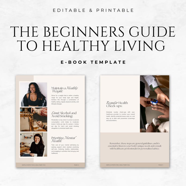 Peut inclure: Un mod&egrave;le de livre &eacute;lectronique imprimable intitul&eacute; "The Beginners Guide to Healthy Living". La couverture pr&eacute;sente du texte et des images li&eacute;es &agrave; la sant&eacute;, notamment le maintien d'un poids sain, la limitation de l'alcool et la priorit&eacute; &agrave; la sant&eacute; mentale. Le design est &eacute;pur&eacute; et moderne.