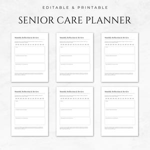 May include: Printable senior care planner with six pages, each with the title "Monthly Reflection & Review". Each page has a section for goals, challenges, accomplishments, and recommendations.