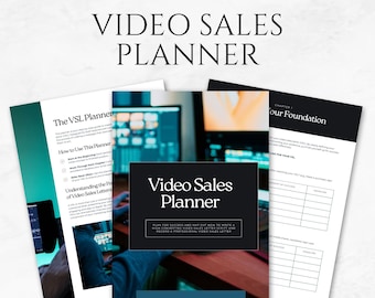 May include: A black and white printable planner with the title "Video Sales Planner" and the text "Plan for success and map out how to write a high converting video sales letter script and record a professional video sales letter". The planner has 35 pages.
