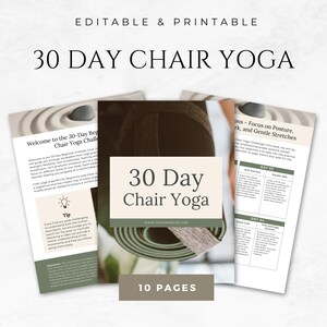 May include: A printable 30-day chair yoga challenge guide with a green yoga mat and text that says "30 Day Chair Yoga" and "Welcome to the 30-Day Beginner Friendly Chair Yoga Challenge".