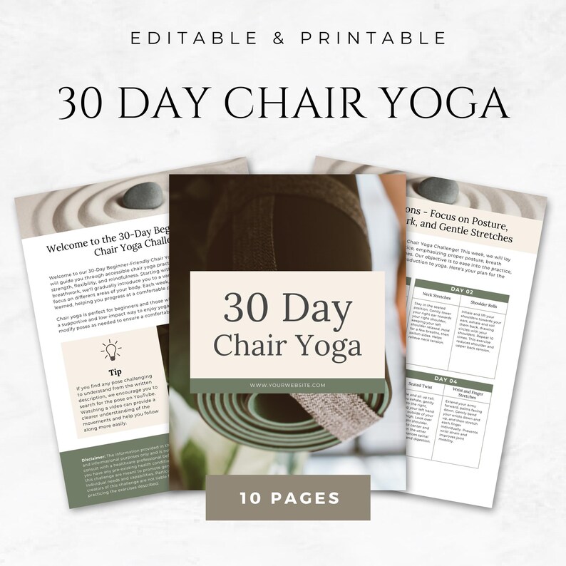 May include: A printable 30-day chair yoga challenge guide with a green yoga mat and text that says "30 Day Chair Yoga" and "Welcome to the 30-Day Beginner Friendly Chair Yoga Challenge".
