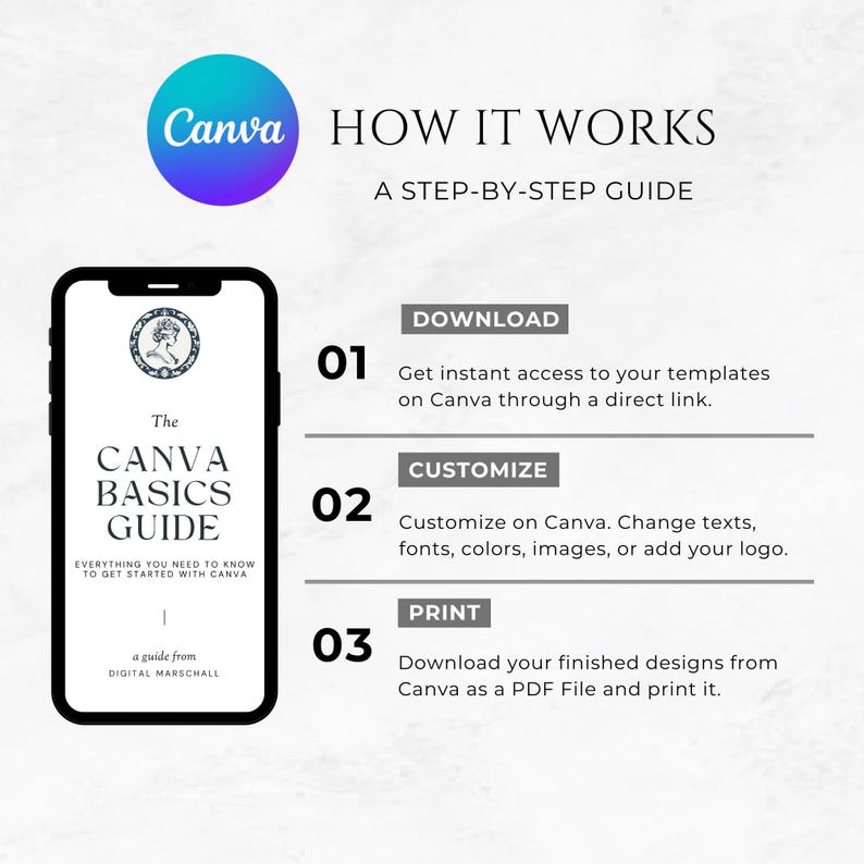 May include: A digital guide titled "The Canva Basics Guide: Everything you need to know to get started with Canva." A guide from Digital Marschall.