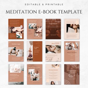 May include: A digital template for an e-book about meditation and yoga. The template features a grid of 12 pages with images and text. The pages are decorated with abstract shapes and lines in shades of brown and beige.