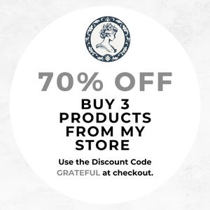 May include: A white circular graphic with a dark blue and white illustration of a woman's profile. The text reads "70% OFF, BUY 3 PRODUCTS FROM MY STORE, Use the Discount Code GRATEFUL at checkout."