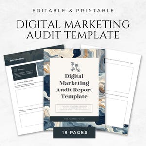 Könnte beinhalten: Eine Vorlage für einen digitalen Marketing-Audit-Bericht mit einem abstrakten Design in Blau, Weiß und Orange. Die Vorlage umfasst 19 Seiten und beinhaltet Abschnitte für die Präsenz in sozialen Medien, die Website-Analyse und mehr. Der Text "Vorlage für einen digitalen Marketing-Audit-Bericht" befindet sich in der Mitte der Seite.