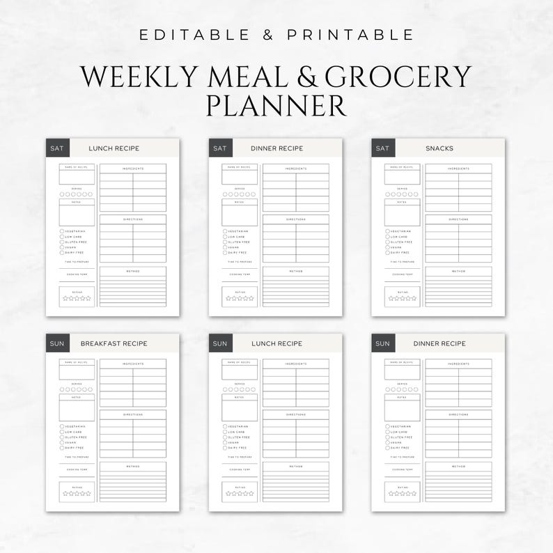 May include: Printable weekly meal and grocery planner with sections for Saturday and Sunday meals, including breakfast, lunch, dinner, and snacks. Each section has space for meal names, ingredients, notes, and directions.