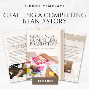 Pode incluir: Um modelo de e-book intitulado "Crafting a Compelling Brand Story" com o subtítulo "Connecting with Your Target Audience". A capa apresenta o título em letras grandes e em negrito. A imagem inclui uma pilha de páginas com o texto "13 Pages."