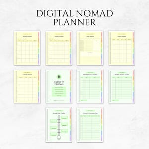 Puede incluir: Un planificador de n&oacute;mada digital con varias p&aacute;ginas para la planificaci&oacute;n semanal, diaria y de proyectos, junto con el seguimiento del dinero y las finanzas. Las p&aacute;ginas tienen una combinaci&oacute;n de colores pastel y est&aacute;n encuadernadas. El t&iacute;tulo "DIGITAL NOMAD PLANNER" est&aacute; en la parte superior.