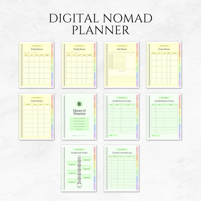 Puede incluir: Un planificador de n&oacute;mada digital con varias p&aacute;ginas para la planificaci&oacute;n semanal, diaria y de proyectos, junto con el seguimiento del dinero y las finanzas. Las p&aacute;ginas tienen una combinaci&oacute;n de colores pastel y est&aacute;n encuadernadas. El t&iacute;tulo "DIGITAL NOMAD PLANNER" est&aacute; en la parte superior.