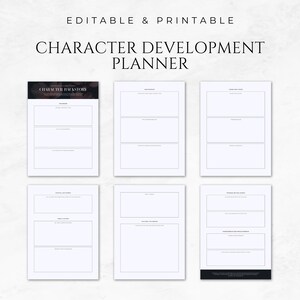 May include: Printable character development planner with sections for character backstory, appearance, personality, and more.
